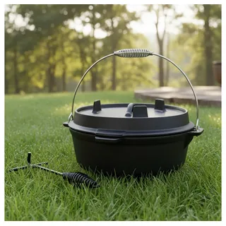 Melko Feuertopf Kochkessel Dutch Oven aus Gusseisen Outdoorküche Feuertopf BBQ, Gusseisen (Stück), Der Deckel kann als Bratpfanne genutzt werden schwarz Ø 30 cm x 16.5 cm