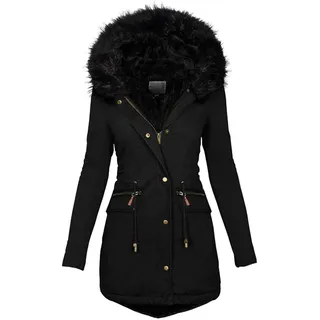 UPOI Wintermantel Damen Mittellang Winterjacke Warm Gefüttert Fleece Parka Mantel Mit Kapuze Kunstpelzkragen Jacke Frauen Winter Winterparka Verdickene Outdoor Übergangsjacke Mit Knöpfen Zipper - S