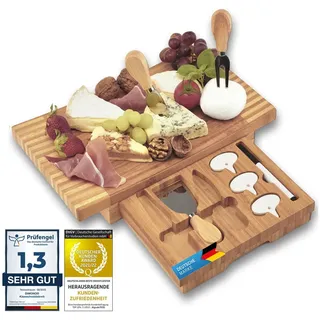 Dimono® XXL Käsebrett Deluxe mit 3 Käse-Messern; 8-teiliges Käse-Schneidebrett Set aus Bambus-Holz mit Käsebesteck zum Servieren, Genießen & Erleben