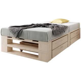 sunnypillow Palettenbett sunnypillow Palettenbett M2 aus Holz mit Lattenrost und 2 Bettkästen, 120 x 200 cm + Schubladen Natur beige