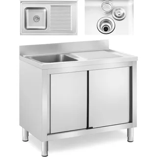 Royal Catering Spülenschrank 1 Becken - - Edelstahl 100 x 60 cm - Spültisch mit Unterschrank, und Schiebetür links 40 x 24 cm) Aufkantung 60/100 cm silberfarben