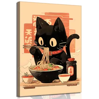 Leinwandbild, Motiv: Japanische Nudeln, Motiv: schwarze Katze, trendiges Tokyo Ukiyoe Katzen, Wanddekoration, Bilder, Retro, niedliches Tokio für Küche, Poster, Drucke für Kinder, Jugendzimmer, Jungen