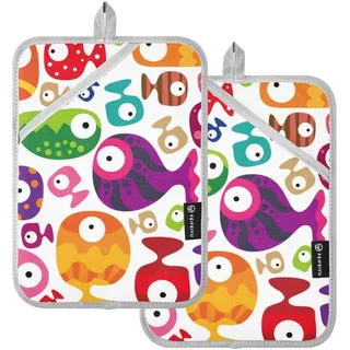 Topflappen-Set für Küche, hitzebeständig, bunt, lustig, tropische Fische, Topflappen mit Tasche, Hot Topflappen für Küche, Backofen, Pad, 2 Stück