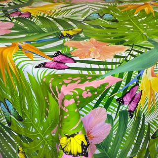 KEVKUS Wachstuch Tischdecke B5044-01 Dschungel Palmen Bunte Schmetterlinge auf weiß eckig rund oval (Rand: Schnittkante (ohne Einfassung), 140 x 160 cm eckig)