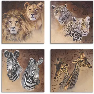 Leinwandbild ARTLAND "Löwen Leoparden Zebra Giraffen", braun (farbe bild(er): braun), B:40cm H:40cm, Leinwand, MDF, Bilder, Leinwandbild, 4er Set, verschiedene Größen