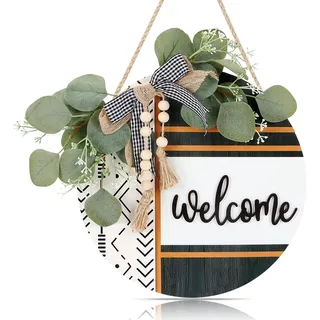 CHDITB Boho-3D Willkommensschild Haustür (29 x 29 cm), rustikaler Welcome Türdeko Haustür mit Eukalyptusblättern, Runder Herzlich Willkommen Schild für Tür Haustür Büro Bauernhaus, Türkranz Ganzjährig
