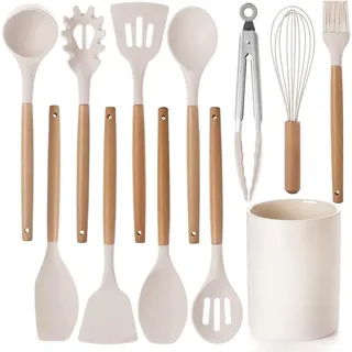 Silicone Kitchen Cooking Utensils Set,12 Stück Silikon Küchenhelfer Set,Kochutensilien Kochbesteck,Kochgeschirr mit Utensilienhalter,Pfannenwender,Löffel,Zange,Schneebesen,Backpinsel-Beige