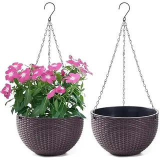 Blumenampel Hängend Außen und Innen Kunststoff Hängetopf für Pflanzen 2 Stück Blumentopf Hängend Hängeampel mit Kette Selbstbewässerung Hängepflanztöpfe für Blume Decken Balkone Garten (Braun)
