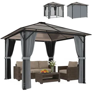 Outsunny Gartenpavillon 3 x 3 m Wasserabweisend Stabil Hardtop Dunkelgrau | Stabil, Winterfest, Hardtop, 6 mm Polycarbonat-Dach, 4 Seitenteile, Moskitonetz, UV-Beständig, Garten, Terrasse