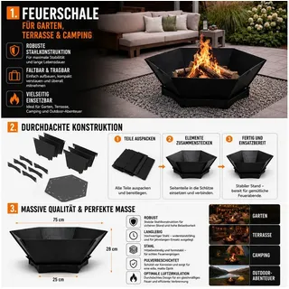 QLS Feuerschale 75x75 cm XXL, Feuerstelle aus Stahl faltbar für Outdoor Garten schwarz