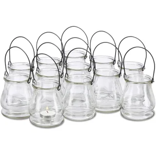 Relaxdays Windlicht aus Glas, 12er Set, runde Glasvase mit Henkel, Tischdeko für Drinnen u. Draußen, 10 cm hoch, klar,