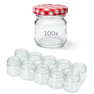 mikken Einmachglas 100 Mini-Gläser 40 ml mit Deckel – Mini Marmeladengläser Set, (Spar-Set, 100er Set), ideal für Proben oder für Gastgeschenke rot