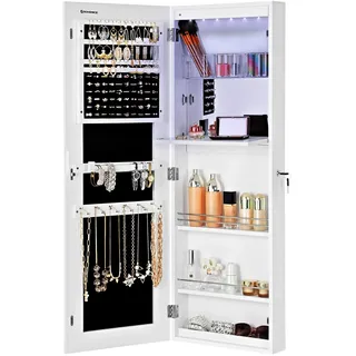 SONGMICS Schmuckschrank extra breiter Spiegel (Rahmenlose Spiegeltür) Türmontage Wandmontage mit Schminktisch Innenspiegel abschließbar Weiß JBC63WV1