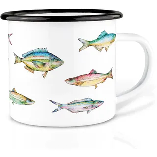 Ligarti Emaille Tasse (leicht & robust) | Camping Becher handveredelt in Deutschland | Trinkbecher für Kinder, Kaffeetasse, Emaillebecher | Bunte Fische
