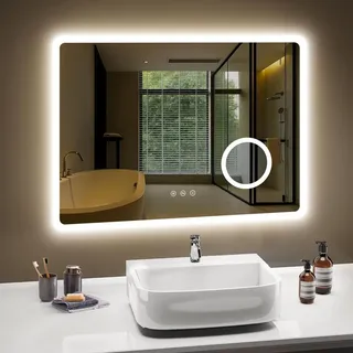 pesenxan Badspiegel mit Beleuchtung 80 x 60 cm, 3 Lichtfarbe Einstellbare Spiegel Bad mit Beleuchtung, Dimmbar, Antibeschlag, 3-fach Vergrößerung, Rasiersteckdose, IP44, Wasserdicht - Silber