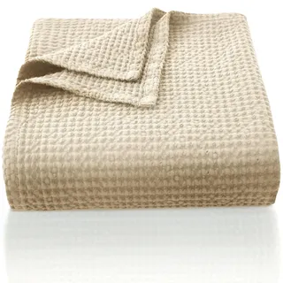 CHUFFED 100% Baumwolle Decke 220 x 240 cm, Weiche und Atmungsaktive Tagesdecke, Waffelmuster Leichte Decke als Sofadecke Couchdecke, Weich Kuschelige Wohndecke Wohnzimmer, Sofa Couch Beige