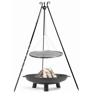 Set: Dreibein H 180 cm mit Grillrost Ø 80 cm Edelstahl + Feuerschale Bali Ø 100 cm Schwenkgrill CookKing