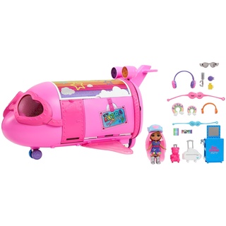 Barbie Extra Fly - Luxuriöses pinkes Flugzeug mit Mini Puppe und 15 Zubehörteilen, herzförmigen Fenstern, Regenbogenrädern, wolkenförmigen Gepäckfächern, für Extra Mini Minis Puppen, HPF72