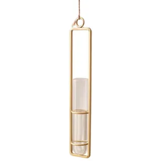Wambere 1 Stück Glasvase aus Schmiedeeisen,Hängender Behälter für Wasserkultur,Blumenvasen,Hängende Flasche Reagenzglas für Blumen Glasfläschchen für Zuhause Hochzeiten Geburtstage Feste,Gold,22x4cm