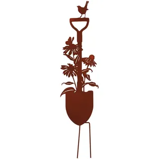 UNUS Garden Spaten mit Vogel und Blume Sonnenhut, Gartenstecker, Gartendeko Rostoptik, Roststecker aus Edelrost Metall, Rost Deko für Garten, Terrasse, Balkon oder Blumentopf