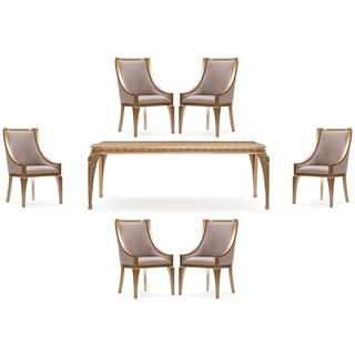 Casa Padrino Luxus Barock Esszimmer Set Grau / Gold - 1 Barock Esstisch & 6 Barock Esszimmerstühle - Luxus Esszimmer Möbel im Barockstil - Prunkvolle Barock Esszimmer Möbel
