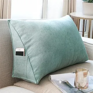 Treer Rückenkissen Lesekissen Keilkissen für Bett Sofa, Farbe Großes Lendenkissen Rückenlehne Dreieckigen Abnehmbarem Bezug Kopfteilkissen Bettkissen mit Seitenfach (60 * 35 * 20cm,Aqua)