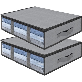 AiQInu Unterbett Aufbewahrungsbox, 2 Stück Faltbare Unterbettkommode mit Sichtfenster und 4 Haltegriffen 60x 45x 15 cm, Kleideraufbewahrung für Kleidung Decken Bettdecken