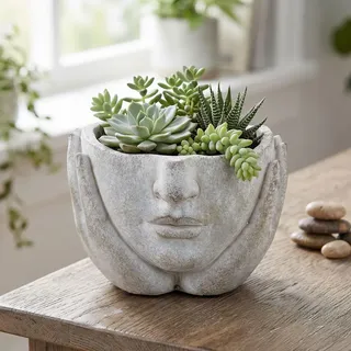 Blumentopf Gesicht Pflanztopf Beton Grau 12x16cm Vintage Dekotopf Kopf Skulptur Pflanzgefäß Antik Optik