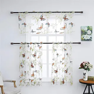 Dreamskull Gardine Gardinen Kurzstores Kurzgardine Scheibengardine Schiebegardine Bistrogardine Blumen Transparent Klein Kurz Küche Wohnzimmer Kinderzimmer Landhaus Kleiner Prinz 3er Set Modern