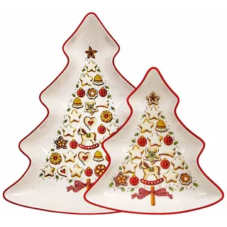 Villeroy & Boch Winter Bakery Delight Baumschalen-Set 2-teilig, 17 cm I 27 cm, Servierschalen in Baum-Form mit Weihnachtsmotiven, Ideal für Plätzchen Kekse und Weihnachtsgebäck, Premium Porzellan