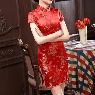 HEIBTENY Traditioneller chinesischer Stil, Cheongsam-Retro-Damenkleid mit elegantem Stehkragen, detaillierte Drachen-Phönix-Stickerei, Größe M-3XL (M, Rot)
