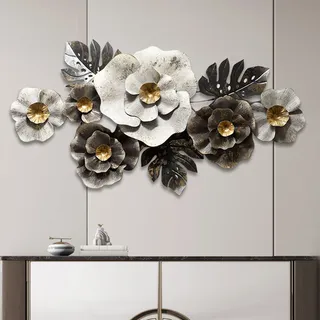 fikujap Retro 3D Wandbilder Wanddeko Metall Wohnzimmer Schlafzimmer Hintergrund, Blume Blätter Wandskulpturen Wanddekoration Deko Ornament Handgemachte