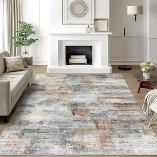 SRTJURFG Teppich 180x200 cm Kurzflor Modern rutschfest Waschbar für Schlafzimmer Heimbüro Esszimmer Dekor Moderne abstrakte Tinte orange grau