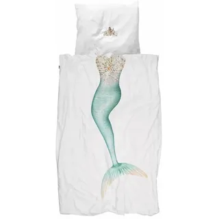 Snurk Kinderbettwäsche Mermaid Meerjungfrau, Perkal, 2 teilig, Flosse, Prinzessin, Perlen, Muscheln, Krone weiß