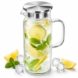 Wilmax | Glaskaraffe mit Deckel aus Edelstahl | 1000ml | Karaffe für Heiß- oder Kaltgetränke | Wasserkaraffe aus Borosilikatglas | Glaskrug für Tee, Saft, Milch | Glaskanne | Wasserkrug