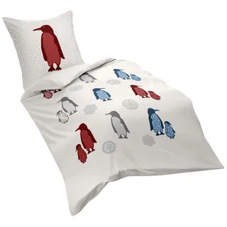 fleuresse 132929 Fb. 2 Feinbiber Bettwäsche 135 x 200 cm, rot/blau Pinguin