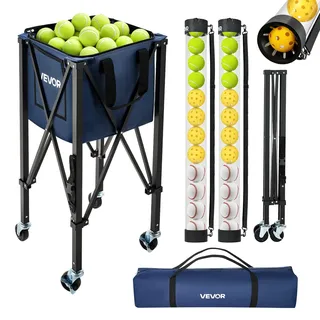 Vevor Tennisballwagen Faltbar, Tennisballkorb für 150 Tennisbälle oder 260 Pickleballs, Ballwagen mit Rahmen aus Aluminiumlegierung Tragetasche & Sammelrohr, Ballkorb mit Rollen für Training, Schwarz