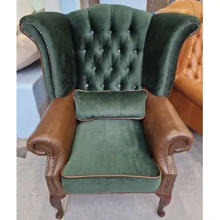 Casa Padrino Luxus Chesterfield Ohrensessel Grün / Braun 98 x 90 x H. 110 cm - Chesterfield Wohnzimmer Sessel mit Glitzersteinen - Wohnzimmer Möbel - Chesterfield Möbel - Luxus Möbel
