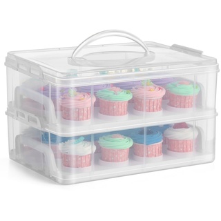 Flexzion Cupcake-Träger Behälterbox (24 Schlitz, 2 Etagen) - 24 Cupcakes-Slots oder 2 große Kuchen Gebäck Klarsicht-Kunststoff Aufbewahrungskorb Tragebox mit 2 Etagen stapelbare Lage Einsatz (klar)