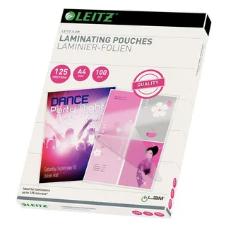 Leitz Heißlaminierfolien A4 125 mic, Hochwertige Laminierfolien, 100er Pack, mit abgerundeten Ecken, transparent, glänzend, 33808