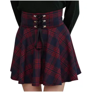 Damen Plaid Glencheck A-Linie Hohe Taille Flare Plissee Mini Schwarz Rock Kleid Mini-Faltenrock, Kariert, Gothic-Stil, Zum Schnüre, Gothic High Waist Short Skater - M