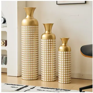 BlingBin Bodenvase Bodenvase Große 3er Set (50/66/83 cm) - Metallvasen mit Rillenmuster (3er Set, 3 St., Groß: 20*20*83CM/Mittel: 17*17*65CM/Klein: 14*14*50CM), Dekorative Vase für Wohnzimmer, Flur und Schlafzimmer, Weiß+Gold weiß