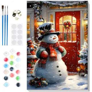 Lxmsja Weihnachten Malen Nach Zahlen Erwachsene mit Rahmen, Malen Nach Zahlen Schneemann, Diy Set Erwachsene Handgemalt Ölgemälde Leinwand Weihnachtsgeschenk für Home Décor, 20x30cm