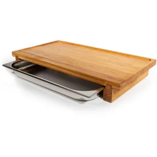 cleenbo Schneidebrett Classic Oak Big bloc GN BBQ - Profi Holz Küchenbrett groß aus geölter Eiche - Hackbrett XXL mit Auffangschale - Edelstahl Auffangbehälter - Maße: 65 x 36 x 8,7 cm