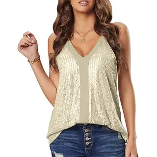 KOEMCY Tank Top Damen Oberteile Sparkle Pailletten V-Ausschnitt Loose Fit Sexy Camisole Tank Top Weste Blusen Sommer Party (Aprikose, XL) - XL