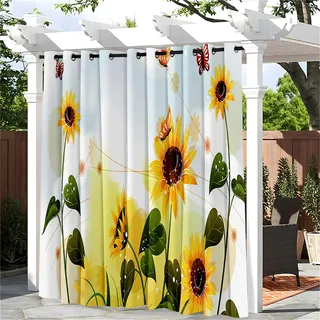 Hiseng wasserdichte Vorhänge Outdoor, 3D Sonnenblume Muster Outdoorvorhänge Blickdicht Verdunkelungsvorhang mit Ösen 1 Stück Sichtschutz Sonnenschutz Vorhang (180x213cm,Schmetterling)