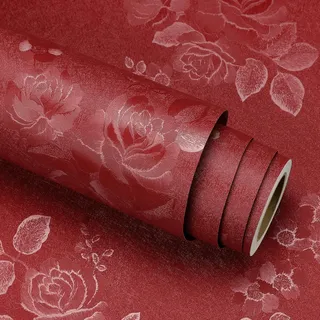 Stickyart Wandtapete Selbstklebend Rot Blumentapete 40cmx400cm Selbstklebende Tapete Rot Klebefolie Möbel Vliestapete mit Floralem Muster Abziehbar Wasserdicht für Schlafzimmer Wohnzimmer Badezimmer