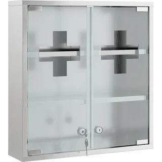 HOMCOM Medizinschrank, Abschließbarer Medikamentenschrank mit 2 Schlüsseln, 2 Glastüren und 6 Regalen, Apothekerschrank für Küche, Flur, Bad, Wohnzimmer, Stahl, 48 x 46 x 12 cm, Silber   Aosom