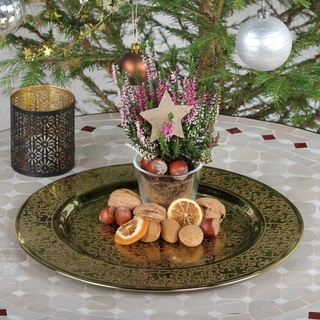 albena shop orientalisches Tablett ELIM Ø 30cm gold | dekorativer Metallteller rund für Adventskranz oder Kerzen