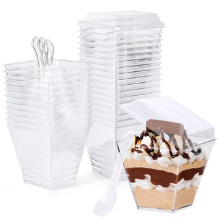 CoKeeSun 30 Stück Desserttassen mit Deckel und Löffeln, 240ml/8.4oz Quadratischer Dessertbechern Set, Wiederverwendbar Plastik Dessertbecher für Dessertparty Pudding Mousse Eis